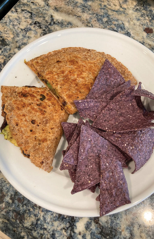 Black Bean Quesarrito shown on a plate with blue corn chips.
